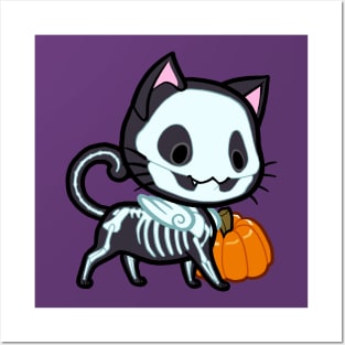 Halloween Chibi Winged Kitty - Black Skeleton Cat Posters and Art